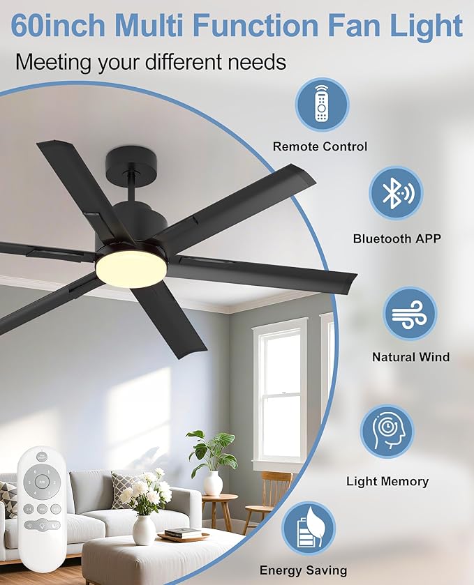 JAYNLT 60 Inch Ceiling Fan with Light,Industrial LED Fan Lights with 6 Aluminium Blades,Large Ceiling Fan - Remote/APP Control, Air Reversible 6 Speed 3 Colors Noiseless DC Motor for Kitchen,Shop