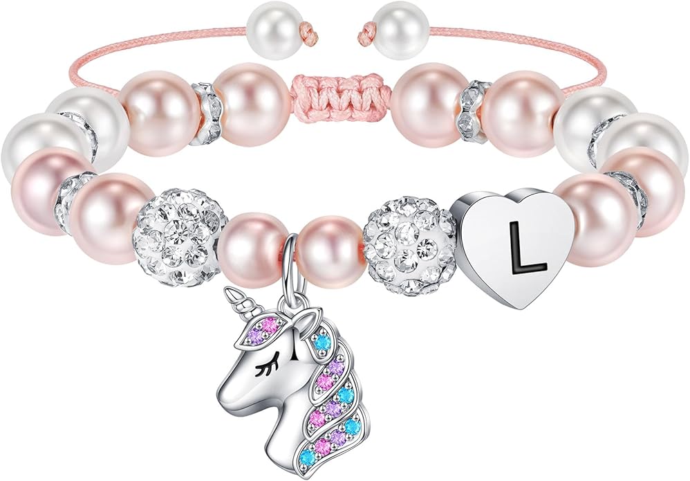 Hidepoo Unicorn Bracelet Gifts for Girls - Adjustable Pink Pearl and Rhinestone Balls Heart Initial Unicorn Bracelets Jewelry CZ Unicorn Bracelet Birthday Gifts for Girls