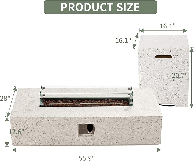COSIEST 2-Piece Outdoor Propane Fire Table Set, Rectangle Concrete 56-inch x 28-inch Fire Pit (CSA Certified, 50,000 BTU) w 20lb Tank Table, Wind Guard, Waterproof Cover for Garden, Porch, Backyard