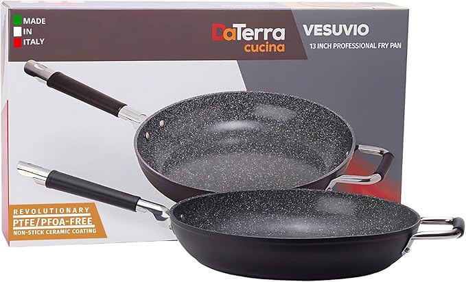 DaTerra Cucina - 13" Nonstick Ceramic Frying Pan - Made in Italy - Oven Safe - High Heat Resistant Nonstick Cookware - PTFE, Cadmium, Lead & PFOA free - Volcanic Black Speckled