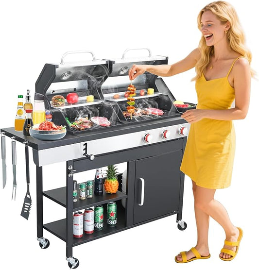 3-Burner Propane Gas BBQ Charcoal Grill Combo with Side Burner, 37230BTU Stainless Steel Barbecue Grill With Enameled Cast Iron Cooking Grids For Outdoor Camping