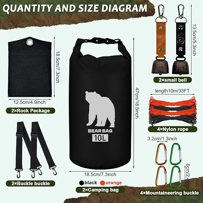 2 Pcs 10L Waterproof Bear Bags with 4 Nylon Ropes, 4 Clips & 2 Rock Pockets & 2 Small Warning Bells for Hanging Food securely. Ultralight Camping Food Bag System.