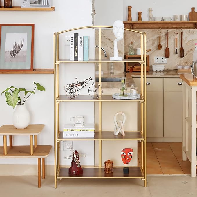 Crofy No Assembly Folding Bookshelf for Living Room, 4 Tier Gold Collapsible Book Shelf for Home Office, Portable Bookcase Storage Organizer