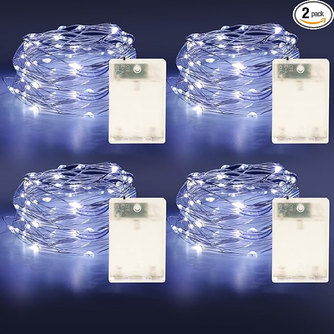 Fairy Lights Battery Operated String Lights 16.4ft 50LED Flashing and Constant Light Waterproof Silver Wire for Christmas DIY Party Bedroom Wedding (White, 4 Pack)