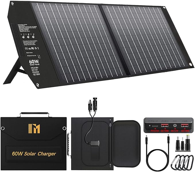 60W Portable Foldable Solar Panels Chargers with PD3.0 USB-C QC3.0 USB-A 18V DC MC4 Outputs for Camping Backpacking Travel Fast Charging for Small Power Station Generator Cell Phone Power Bank