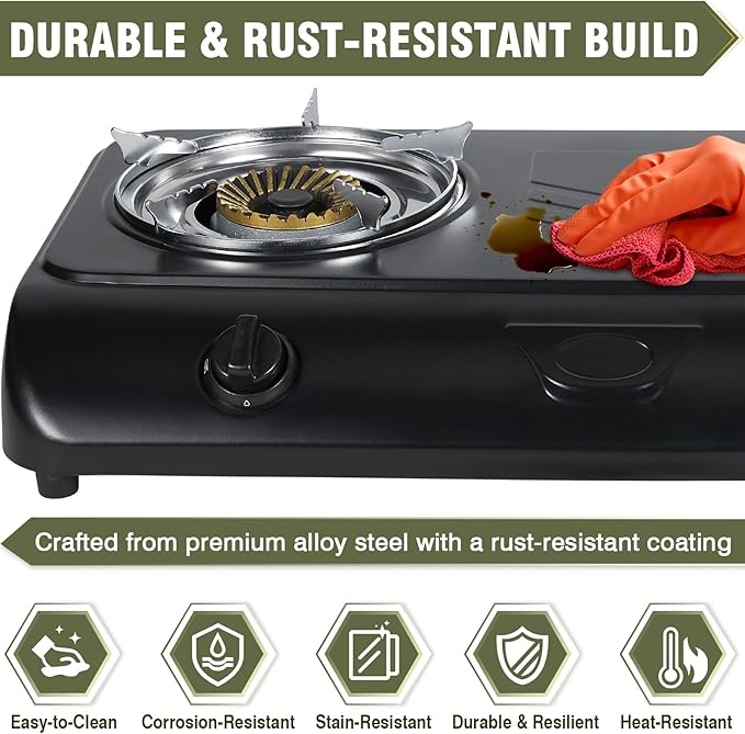 BESTFIRE 35,000 BTU Double Burner Propane Gas Stove, Portable Outdoor Camping Cooker with Auto Ignition, Rust-Resistant Alloy Steel, CSA Regulator & Hose, for BBQ, RV, Tailgating, 28.74"×14.76"×5.51"