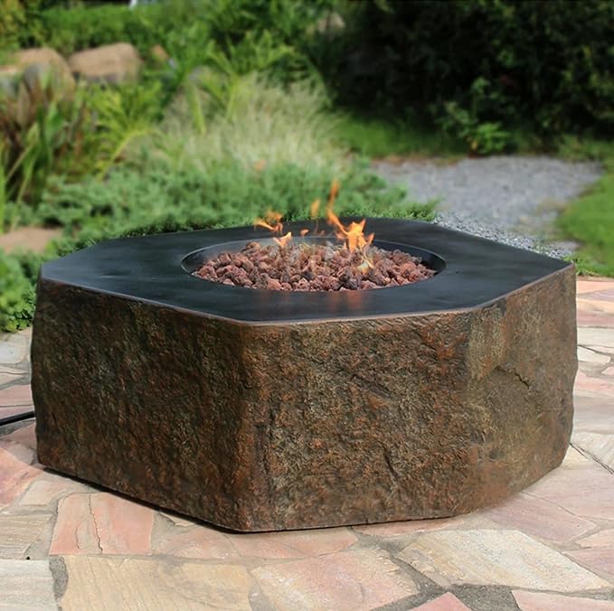 Elementi | Columbia Gas Fire Pit Cast Concrete Semi-Round Fire Table, Outdoor Fire Pit Electronic Ignition | Canvas Cover, Lava Rock Included | Natural Gas