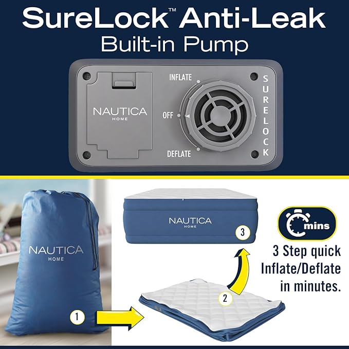 Nautica Home 20" Cloud Supreme Air Mattress with Zip-Off Pillowtop, Built-in Pump, Quick 2-Minute Inflation,Queen Size, Perfect for Guests, Travel, Camping, Durable Offset Coil Construction