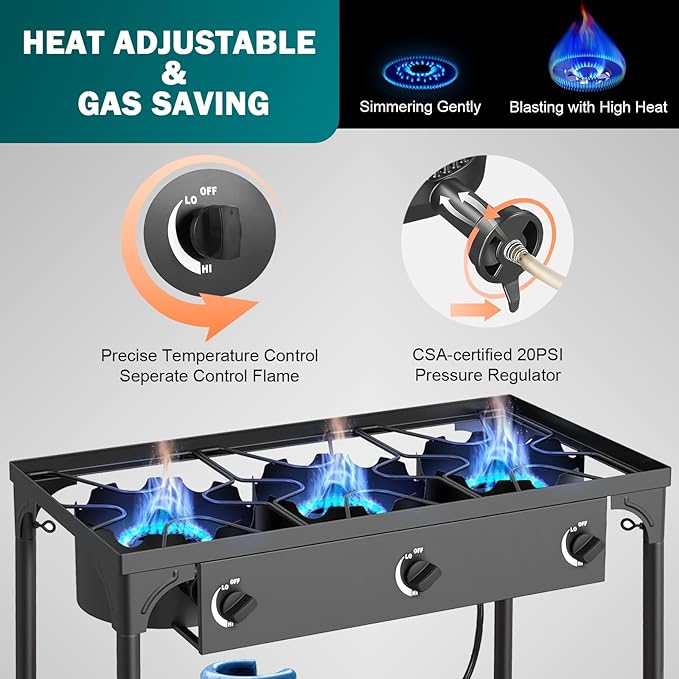 3 Burner Propane Gas Stove for Outdoor Cooking| 225,000 BTU High-Pressure Heavy-Duty Camping Stove with Regulator, Detachable Legs | Portable for Backyard Cooking, BBQ, Baking and Frying
