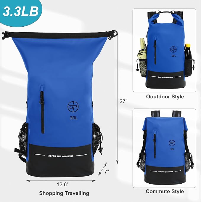 UPWELL 30L Waterproof Dry Bag Boating Backpack for Travel Hiking Camping Kayaking Hiking Swimming Floating Submersible Dry Bag blue