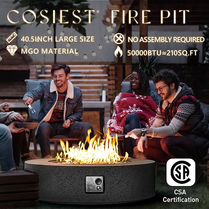COSIEST 42 inch Outdoor Propane Fire Pit Coffee Table w Concrete Round Base Patio Heater, CSA Certified, 50,000 BTU Stainless Steel Burner, Free Lava Rocks, Rain Cover, Tank Cover, Gray
