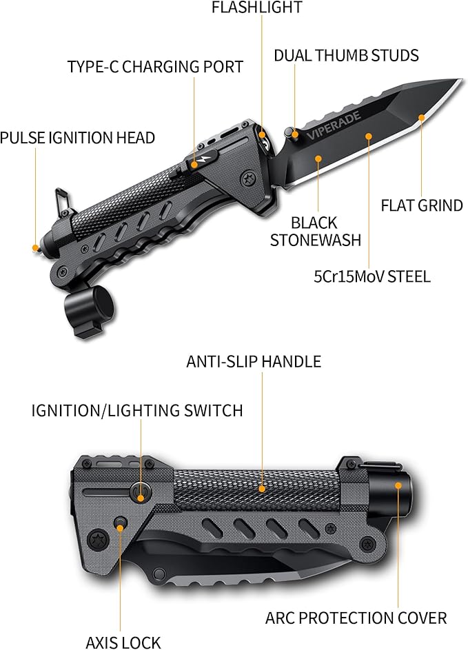 VIPERADE VAK6 Survival Multitool with Folding Knife, LED Flashlight, Pulse Ignition and Hand Crank Generator, Camping Multitool Knife Rechargeable Flashlight with Belt Sheath (Black)