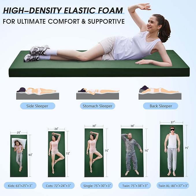 CYMULA Memory Foam Camping Mattress Pad,3inch Sleeping Pad for Camping,Non-Slip Bottom Floor Cot Car Mattress Bed with Retaining Portable Roll up Mattress Pad Mat for Travel Truck Guest Bed Tent