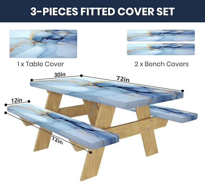 CAPSCEOLL Fitted Picnic Table Cover with Bench Covers with Elastic 6Ft Waterproof Camping Picnic Table Cover Cloths for Outdoors Camping Tablecloth with Drawstring Bag, 72X30in, Blue Marble