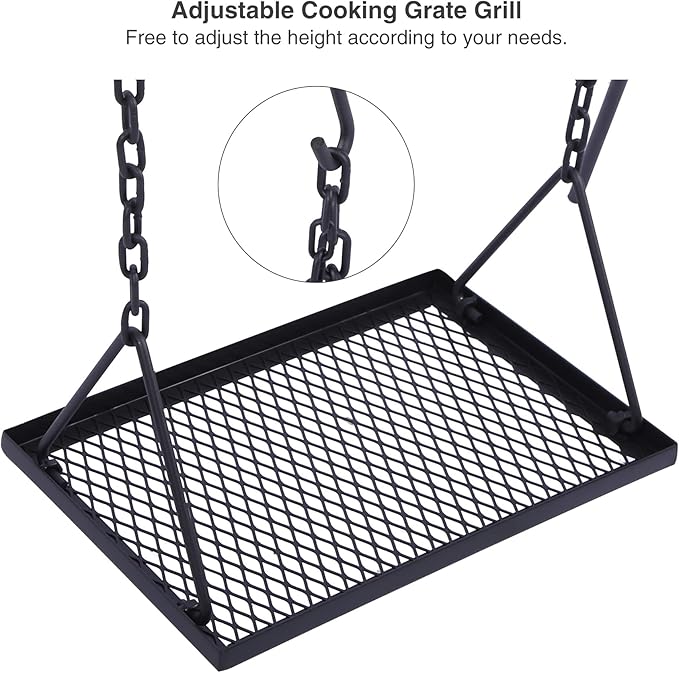 Lineslife Grill Swing Hanging Campfire Cooking Stand with Adjustable Iron Grill Grate, Collapsible Campfire Cooking Rack with Hooks and Accessories for BBQ Picnic, Outdoor Camping Cookware, Dutch Oven