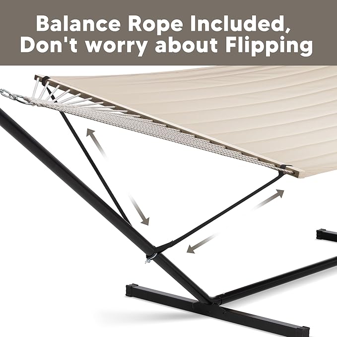 SUNCREAT Double Outdoor Hammock with 15 ft Stand, Standing Patio Hammocks for Outside, Beige