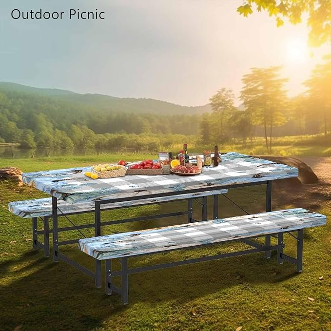 CAPSCEOLL Elastic Picnic Table Cover with Bench Covers 5Ft Waterproof Fitted Picnic Table Cover Cloths for Outdoors Camping Tablecloth with Drawstring Bag, 60X30in, Blue Pumpkins
