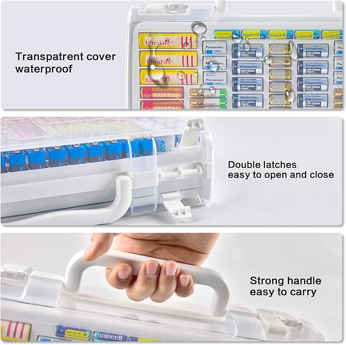 Battery Organizer Storage Case with Double-Sided, Garage Box with Tester Checker Batteries Container for 269pcs AA AAA AAAA 3A 4A 9V C D Lithium 4LR44 CR2 CR123A CR1632 CR2032 18650(Case Only)-White