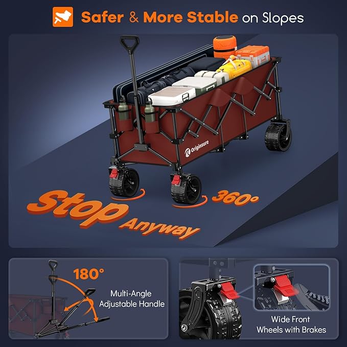 48" L Collapsible Wagon Cart Foldable, 560LB Weight Capacity 300L Heavy Duty Folding Beach Wagons with Big All-Terrain Wheels, Utility Carts for Groceries, Shopping, Camping, Sports - Red