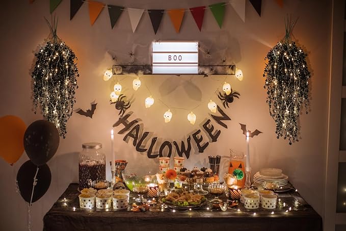 Black Hanging Flowers with Lights Faux Hanging Plants Black Artificial Hanging Plant Fake Greenery Faux Hanging Vines Plant for Indoor Outdoor Wedding Halloween Party Fall Wall Room Door Decor(Black)