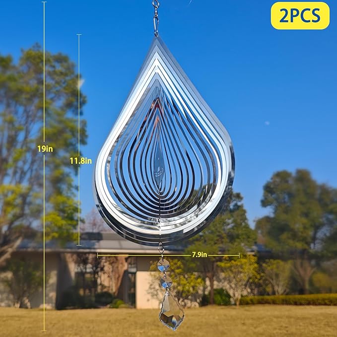 2PCS Wind Spinner 3D Stainless Steel Metal Sculptures Decorations, Water Droplets Wind Sculptures & Spinners, Outdoor Hanging Garden Decoration, Bird Devices Deterrent for Outside to Scare Birds Away