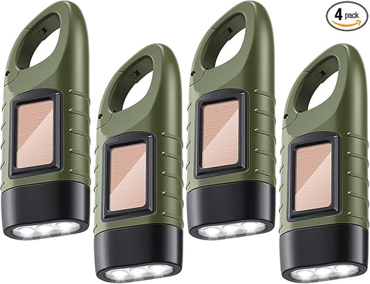 4 Pieces Hand Crank Solar Powered Flashlight LED Rechargeable Flashlight Survival Emergency Hand Crank Lantern Snap Carabiner Torch for Outdoor Sports Camping Hiking