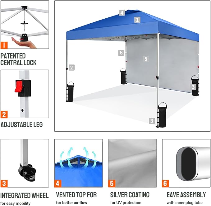 CROWN SHADES 10x10 Pop Up Canopy with 1 Side Wall - Beach Tent with One Push Setup - Outdoor Sun Shade for Events, Parties, Camping - Gazebo with STO-N-Go Cover Bag (Blue)