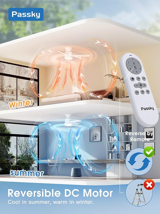 Ceiling Fans with Lights, 42 inch Low Profile Ceiling Fan with Pull Chain and Remote Control, Flush Mount, Reversible, 5CCT, Dimmable, Noiseless, White Pull Cord Ceiling Fan for Bedroom