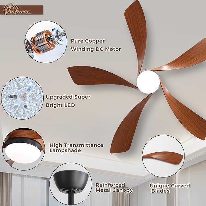 Sofucor 52 Inch Ceiling Fans with Lights and Remote, Outdoor Ceiling Fan with Light 6-Speed 3 CCT 3-Timer, Low Profile Ceiling Fan 5 Blade Reversible DC Motor for Living Room Bedroom Patio