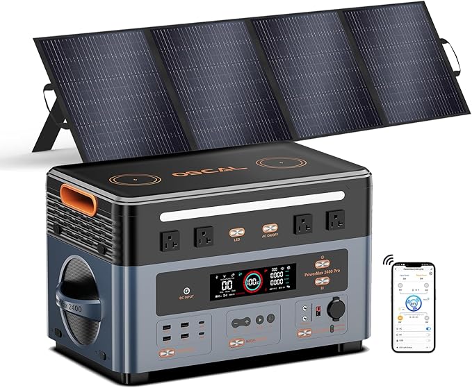 OSCAL 2400W Solar Generator with 200W Solar Panels PowerMax 2400, 1872Wh Power Station with 4 AC Outlets (5000W Peak), 1.45H Full Charging, APP Control Battery Backup for Home, Camping & RVs