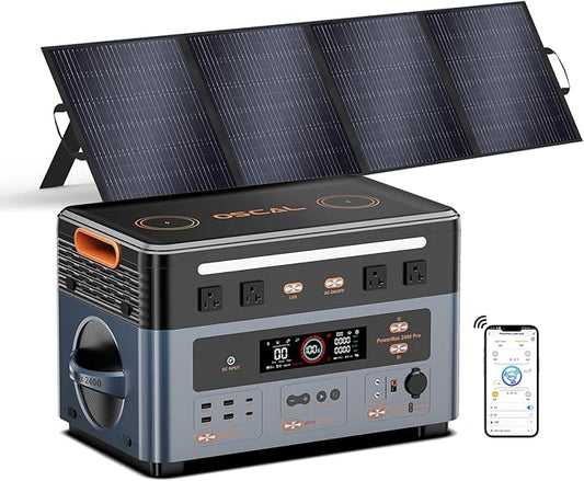OSCAL 2400W Solar Generator with 200W Solar Panels PowerMax 2400, 1872Wh Power Station with 4 AC Outlets (5000W Peak), 1.45H Full Charging, APP Control Battery Backup for Home, Camping & RVs