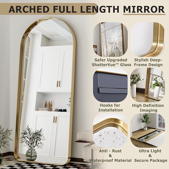 71''x30'' Large Arched Full Length Mirror, Floor Standing Stylish Full Body Mirror with Rounded Corners for Home Decor, Aluminum Alloy Frame Hanging Mirror for Wall, Gold