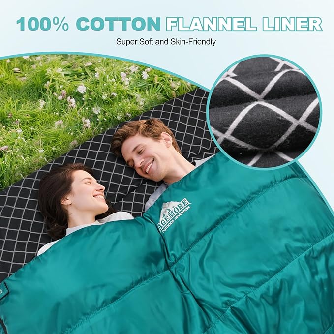AGEMORE Cotton Flannel Double Sleeping Bag for Camping, Backpacking Or Hiking. Queen Size 2 Person Waterproof Sleeping Bag for Adults Or Teens. Lightweight with Compression Sack