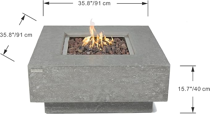 Elementi | Bundle Manhattan Gas Fire Pit Cast Concrete 36" Square Fire Table, Outdoor Fire Pit Electronic Ignition | Canvas Cover, Lava Rock Included | Light Gray (Natural Gas)