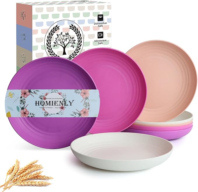 Homienly Wheat Straw Plates 9 Inch, Unbreakable & Lightweight, Alternative for Plastic, Microwave & Dishwasher Safe, Set of 8, Pink Flower Series