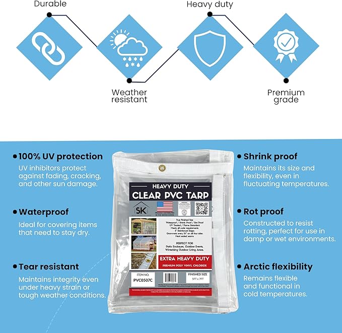 24mil Clear PVC Vinyl Heavy Duty Tarp Enclosure Panel - True Size, UV Protection, Tear Resistant, Waterproof Tarp with Arctic Flexibility 6x10