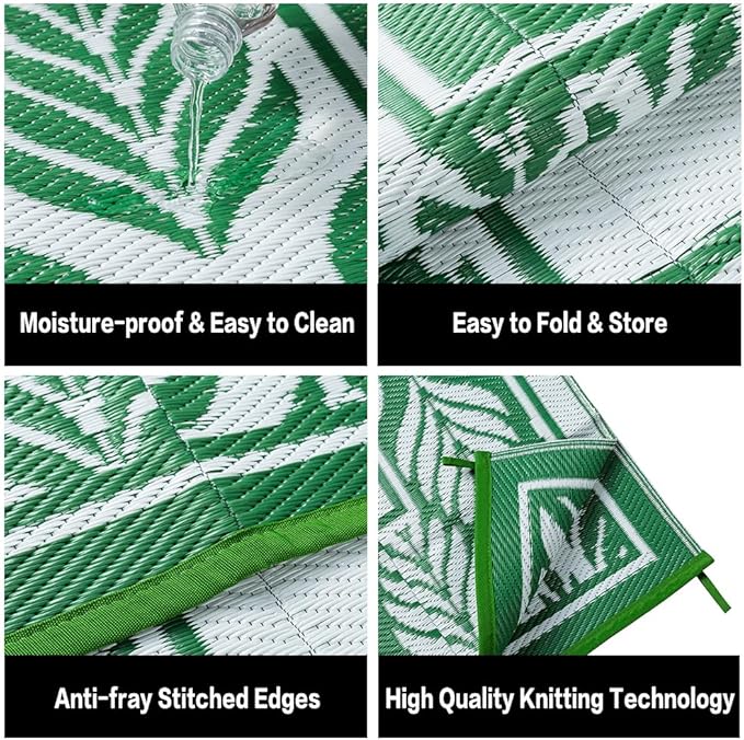 8x10 Patio Waterproof Outdoor Rug Outrside Camping Carpet RV Area Rug Reversible Green Rugs for Deck Entryance Porch Picnic Balcony Beach