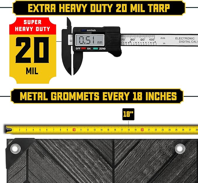 Core Tarps Extreme Heavy Duty 20 Mil Tarp Cover, Waterproof, UV Resistant, Rip and Tear Proof, Poly Tarpaulin with Reinforced Edges for Roof, Camping, Patio, Pool, Boat (Grey Wood/Black 30′ X 50′)