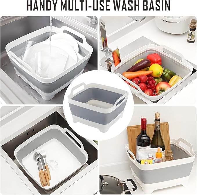 Collapsible Dish Basin with Drain Plug, 9L 2.4 Gallon Portable Wash Basin Dishpan Space Saving Dish Washing Tub Foldable Sink Tub Kitchen Storage Tray Grey