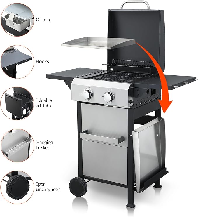 2-Burner Propane Gas BBQ Grill, SS Plancha, 24600BTU Output With Wire Enamel Cooking Grids For Outdoor Barbecue, Stainless Steel Foldable Side Table, Hanging Basket,Black Silver