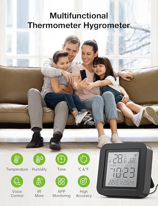 GHome Smart WiFi Thermometer Hygrometer, Indoor Temperature Humidity Sensor Electronic Ink Display & IR Control, App Notification Alert, Free Data Storage Export