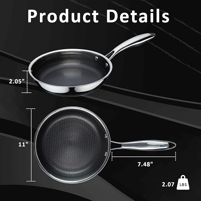 11" Non Stick Frying Pans, Hybrid Ceramic Stainless Steel Pan, Skillet with Stay-Cool Handle, Non Toxic, PFAS PFOA PTFE Free, Dishwasher & Oven Safe, Induction, Compatible with All Cooktops