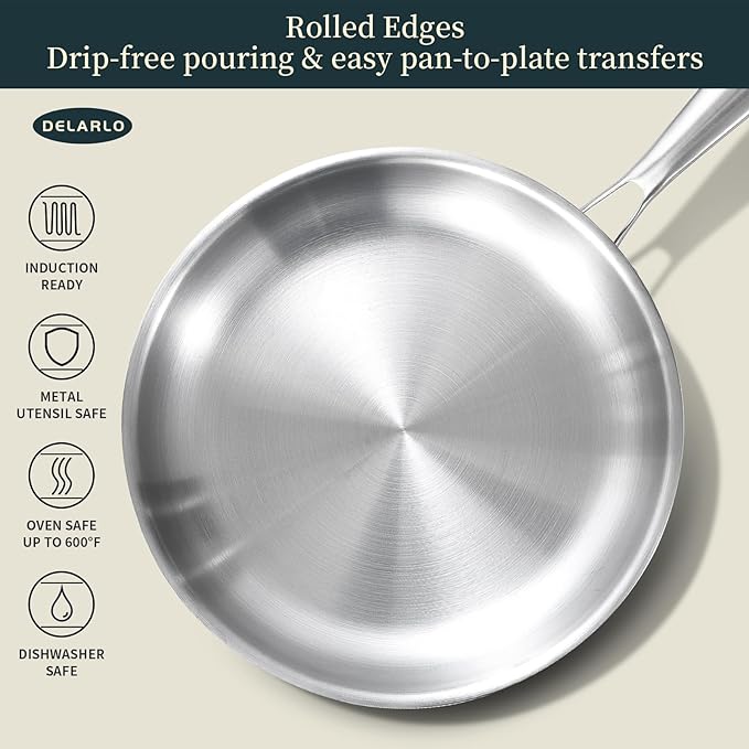 DELARLO Whole Body Tri-Ply Stainless Steel Frying Pan set, 8”/10”/12” Cooking pans, Kitchen Cookware Set, Fast Heating Chef's pan with Ergonomic Handles, Suitable for All Stove