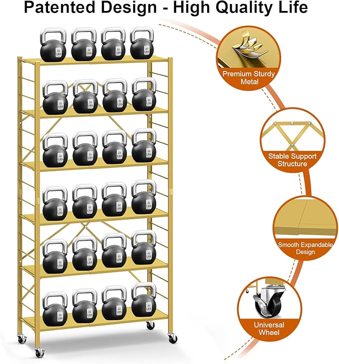 Himix 6 Tier Foldable Storage Shelves, Expandable Folding Bookshelf with Wheels, Changeable into 2 Shelf Units, Collapsible Adjustable Storage Rack Metal Shelves for Garage Kitchen, Basement, Gold
