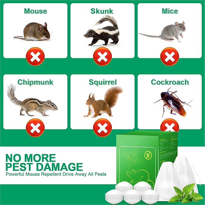 24 Pcs Strengthen Mouse Repellent Balls, Peppermint Oil Rodents Repellent to Keep Rat, Squirrel, Mole,Skunk Away, Rodents Deterrent for Indoor Outdoor Garage, Attic, Car, RV -Safe for Kids Pets