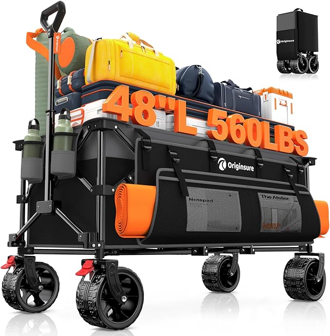 48" L Collapsible Wagon Cart Foldable, 560LB Weight Capacity 300L Heavy Duty Folding Beach Wagons with Big All-Terrain Wheels, Utility Carts for Groceries, Shopping, Camping, Sports - Grey&Black