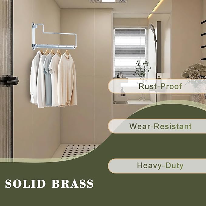 NEWRAIN Chrome Clothes Drying Rack, Wall Mounted Swing Arm Hanger for Laundry Room, Garage, Indoor & Outdoor Use