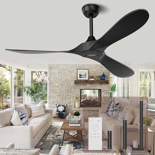 Black Ceiling Fan No Light, 52 in Outdoor Ceiling Fan with Remote, Indoor Ceiling Fans without lights 3 Blades, 6 Speed Reversible DC Motor Modern for Patios, Kitchen, Bedroom, Porch (Black)