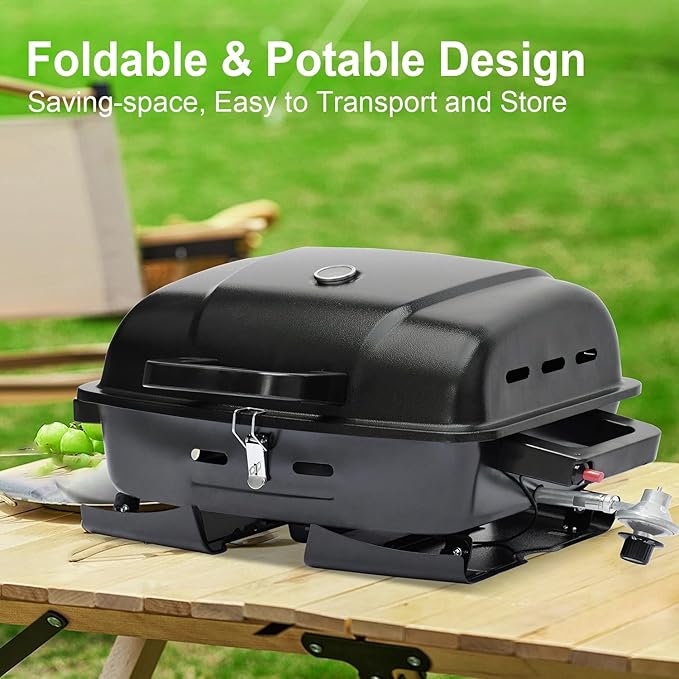 BrandMan Portable 1-Burner Tabletop Propane Gas Grill – Compact BBQ Grill with 239.9 sq.in Cooking Area, Lid Lock, Thermometer & Foldable Legs for Camping, Tailgating & Outdoor Cooking
