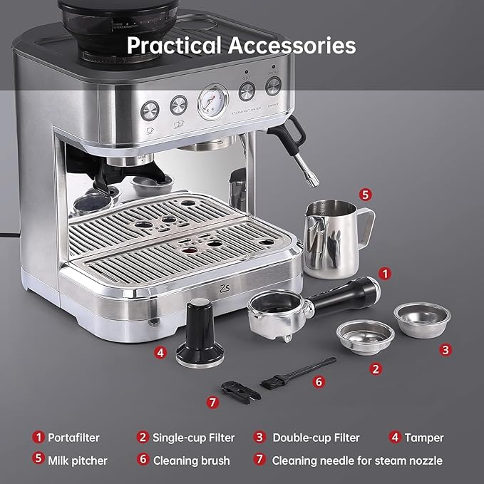 15 Bar Express Espresso Machine with Built-in Grinder,Stainless Steel Semi Automatic Espresso Maker,Dual PID Control, 80oz Water Tank,Heating, Milk Frother & Auto-Cleaning,for Lattes and Cappuccinos